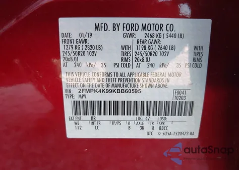 2019 Ford Edge Titanium z USA, uszkodzony, nr VIN 2FMPK4K99KBB60595